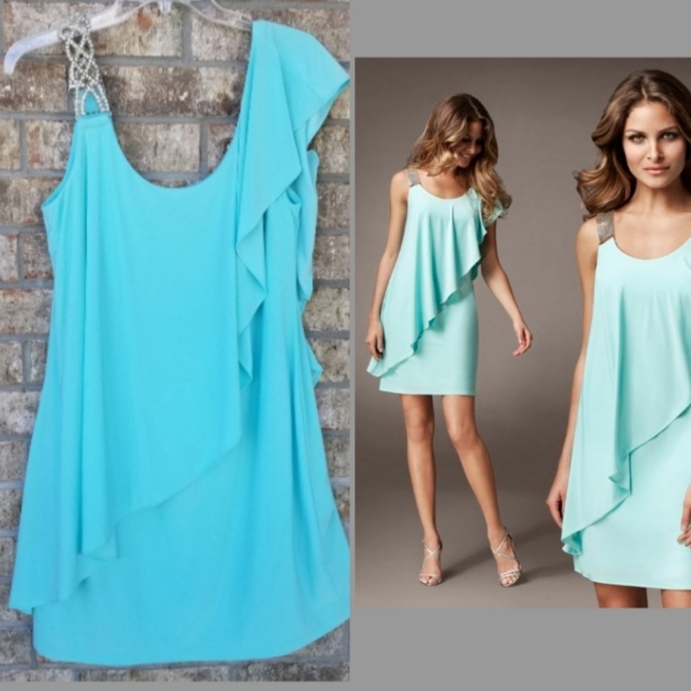 Betsy&Adam Teal Bling OneShoulder Dress (Women 14) Ruffle Front Cocktail Dress